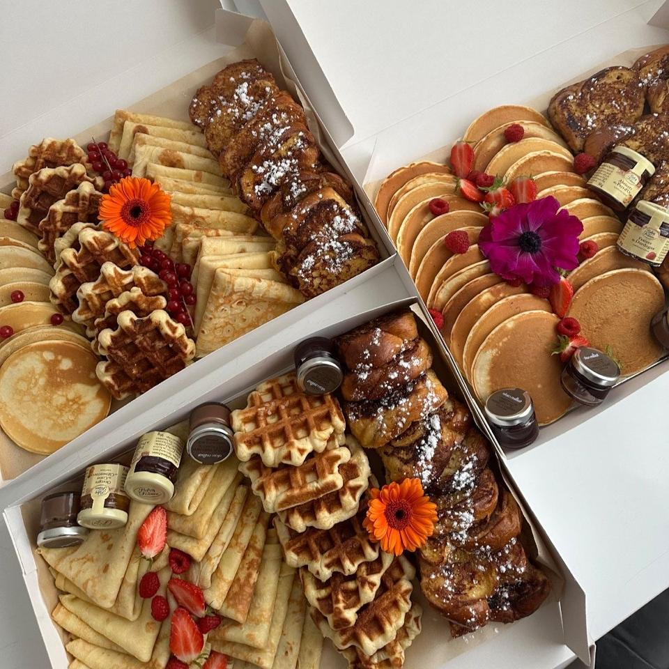 Breakfast and dessert combo box with assorted waffles and crêpes